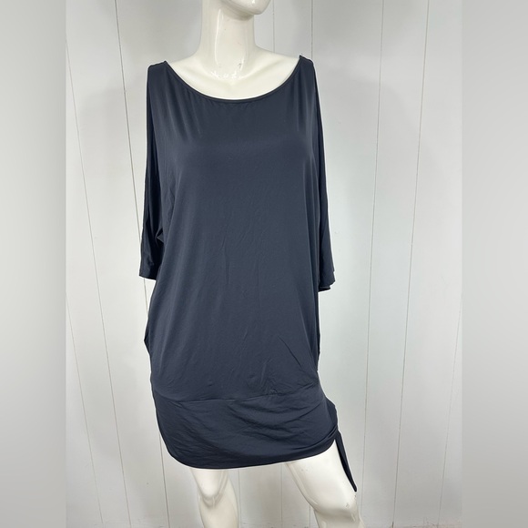 Michael Kors Sz M Black 3/4 Boxy Dolman Sleeve Silky Mini Shirt Dress Side Twist - Picture 1 of 11